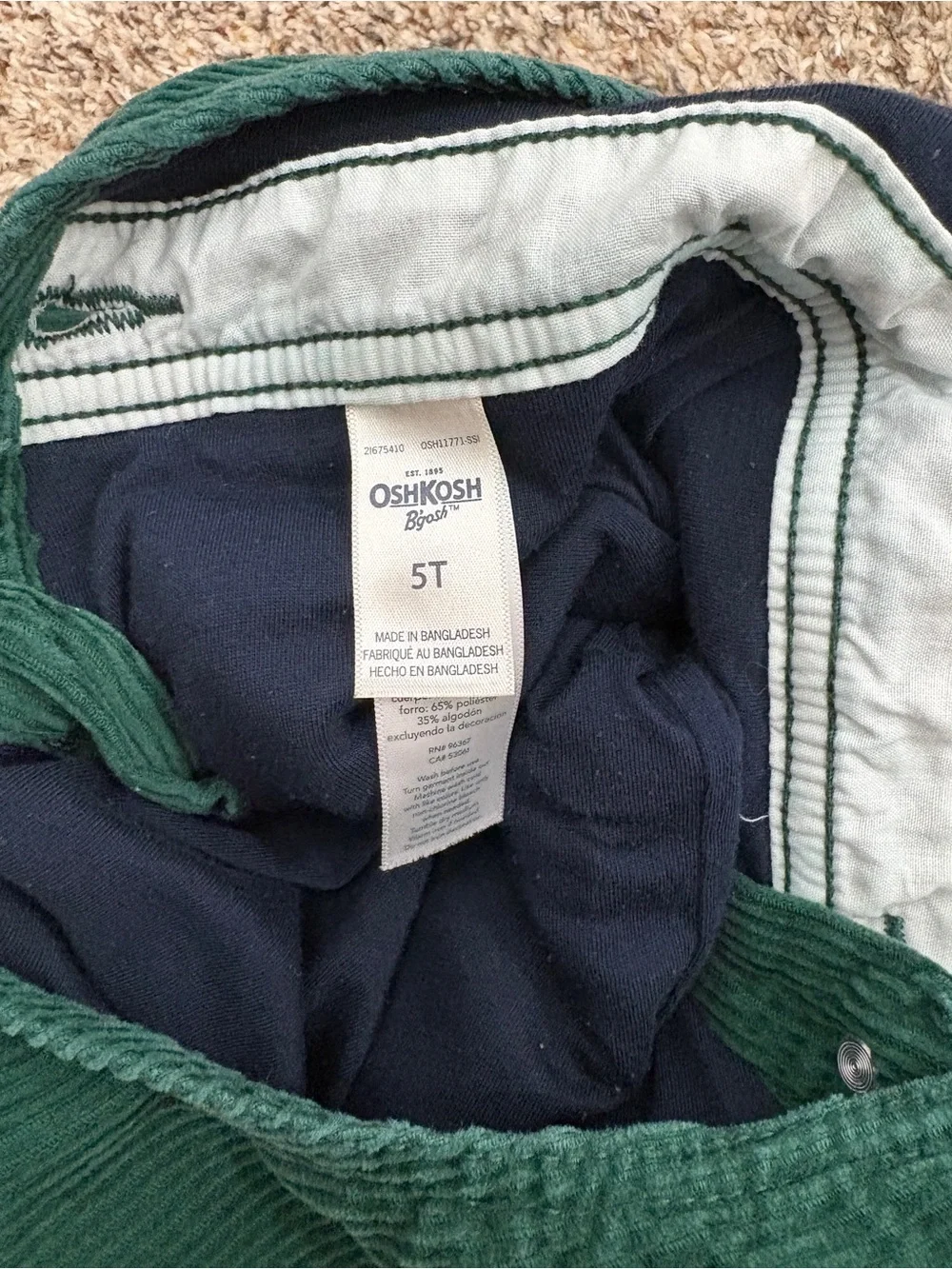 OshKosh B'gosh Dark Green Corduroy Kids Overalls with Navy Lining